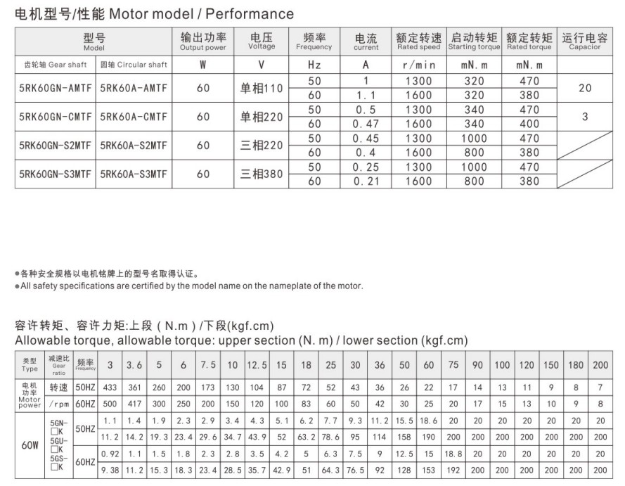 60W定速电机参数